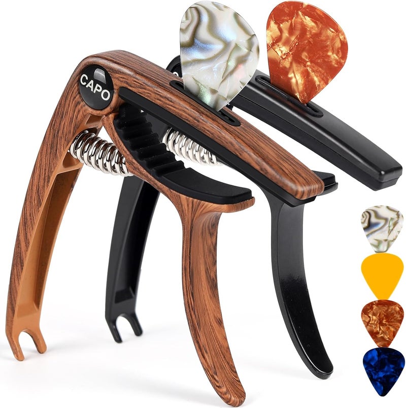 Aarvi Guitar Capo 6-String for Acoustic & Electric Guitars - Universal Clamp with 4 Premium Picks - Compatible with Ukulele, Banjo, Mandolin(Rosewood+Black) - Image 1